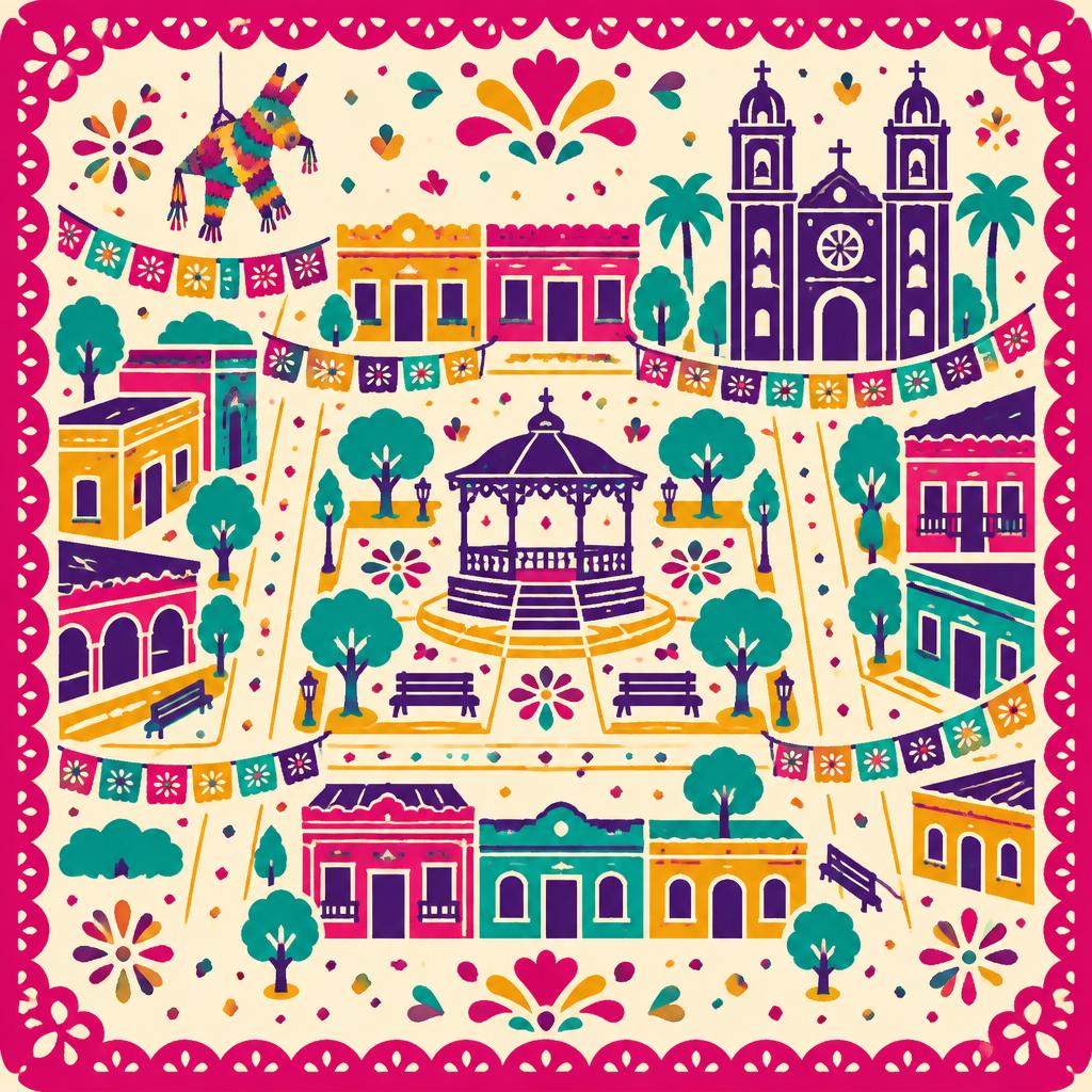 Papel picado style illustrated map of Plaza Guadalupe and the surrounding West Side blocks